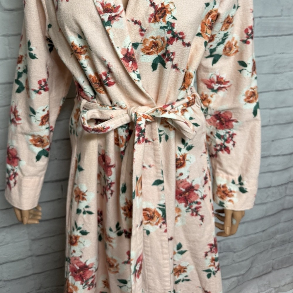 Garnet Hill Robe XS Orange Floral Organic Cotton Heritage Flannel Pockets Cozy - Picture 3 of 13